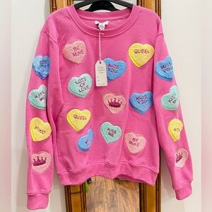 💝 Valentine candy heart sweatshirt pink sparkle sequin embroidered QOS size XS